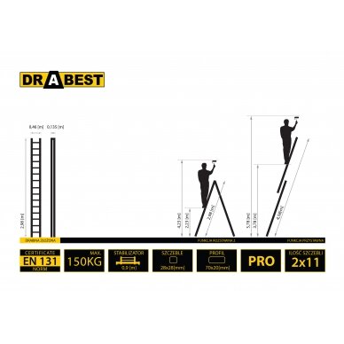 Daudzfunkcionālas alumīnija kāpnes Drabest PRO, 2x11, 2 daļas, 150 kg 5