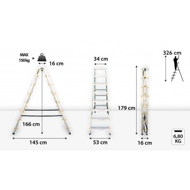 Divpusējas alumīnija kāpnes, Drabest PRO 2x8, dzeltena un melna apdare 3