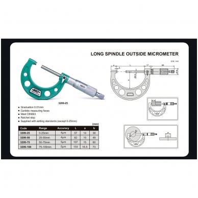 Ārējais mikrometrs ar pagarinātu kātu Insize (0-25 mm) 1
