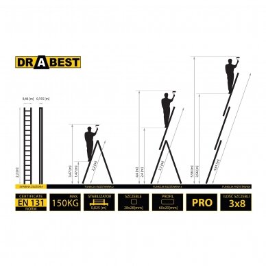 Kolmeosaline multifunktsionaalne redel DRABEST "PRO" 3x8 2