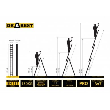 Kolmeosaline multifunktsionaalne redel DRABEST "PRO" 3x7 1