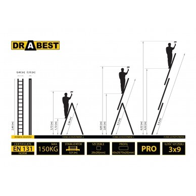 Kolmeosaline multifunktsionaalne redel DRABEST "PRO" 3x9 1