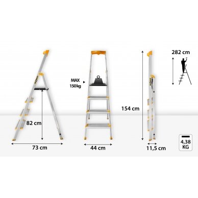 Vienpusējas alumīnija kāpnes Drabest MAX, 4 pakāpieni, 150 kg 5