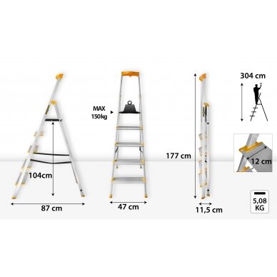 Vienpusējas alumīnija kāpnes Drabest MAX, 5 pakāpieni, 150 kg 6