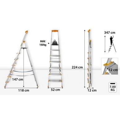 Vienpusējas alumīnija kāpnes Drabest MAX, 7 pakāpieni, 150 kg 4